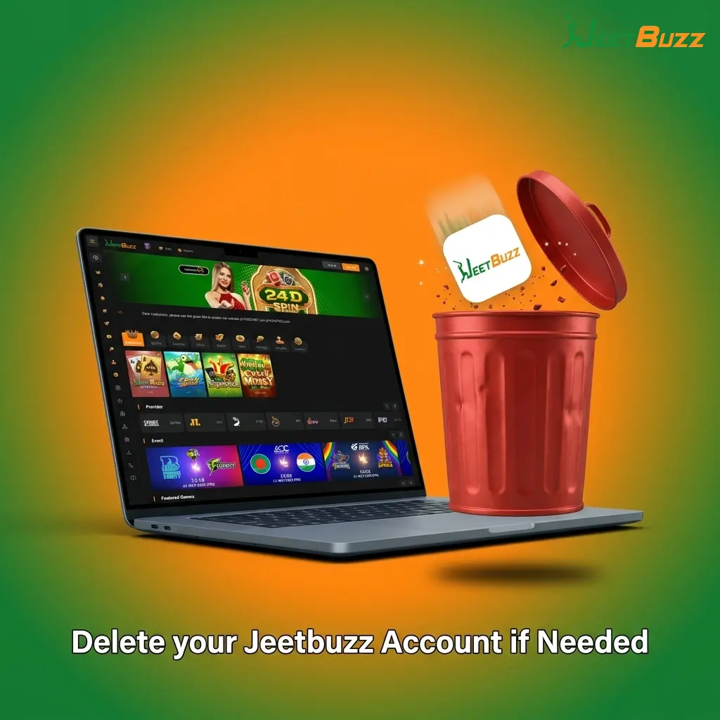 Jeetbuzz account deletion steps showing settings menu with close account option and support contact details