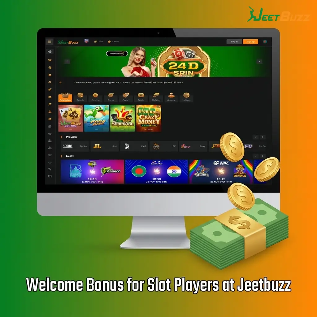 Jeetbuzz welcome bonus for slot players showing free spins, deposit match offers, cashback and VIP loyalty rewards
